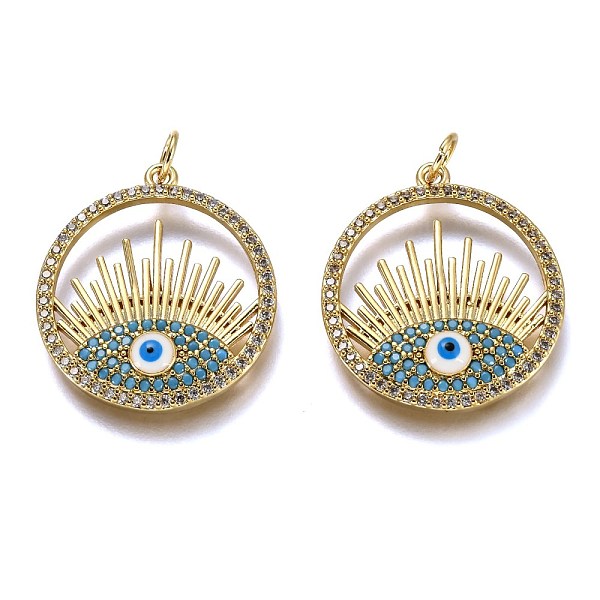 

PandaHall Brass Micro Pave Clear & Deep Sky Blue Cubic Zirconia Pendants, Long-Lasting Plated, with Jump Rings & Enamel, Flat Round with Eye...