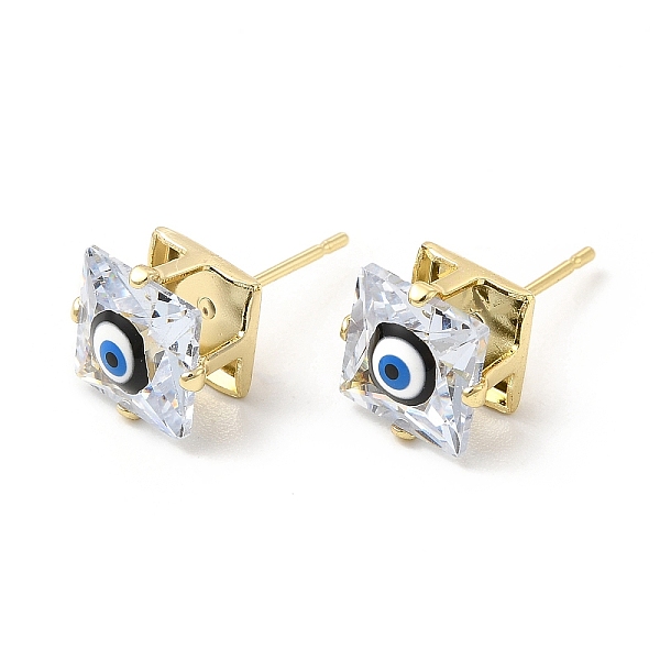 

PandaHall Square Glass with Enamel Evil Eye Stud Earrings, Real 18K Gold Plated Brass Jewelry for Women, Black, 9x9mm, Pin: 0.7mm Brass...