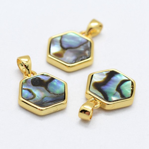 

PandaHall Abalone Shell/Paua ShellCharms, with Brass Findings, Hexagon, Golden, 12.5~13.5x12~12.5x2~2.5mm, Hole: 2.5x3~3.5mm Other Sea Shell...