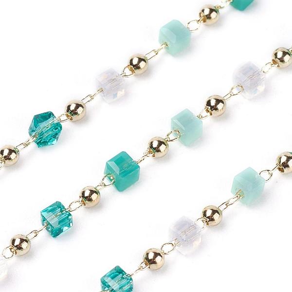 

PandaHall 3.28 Feet Handmade Glass Beaded Chains, Soldered, with Brass Findings, Long-Lasting Plated, Golden, Cube, Dark Cyan...