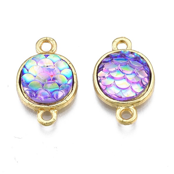 PandaHall Alloy Resin Links connectors, Flat Round with Mermaid Fish Scale Shaped, Light Gold, Lilac, 18.5x11x4.5mm, Hole: 1.8mm Alloy+Resin...