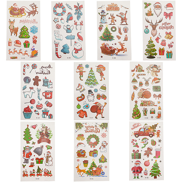 PandaHall Christmas Theme Pattern Removable Temporary Water Proof Tattoos Paper Stickers, Christmas Themed Pattern, 12x6.9x0.01cm, 10 style....