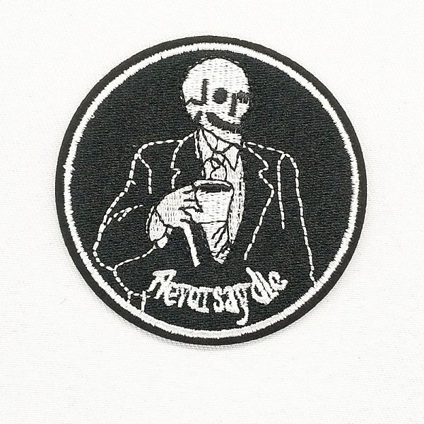 PandaHall Computerized Embroidery Cloth Iron on/Sew on Patches, Costume Accessories, Appliques, Flat Round with Skeleton Man, Black & White...