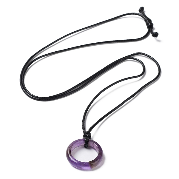 Natural Amethyst Ring Pendant Necklace With Waxed Cords