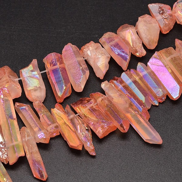 

PandaHall Electroplated Natural Quartz Crystal Beads Strands, Nuggets, Tusk Shape, AB Color, Dyed, Coral, 7~15x18~60mm, Hole: 1mm, about..., Red