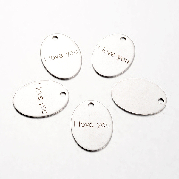 

PandaHall Spray Painted Stainless Steel Pendants, Oval with Word I Love You, Stainless Steel Color, 30x22x1mm, Hole: 3mm Stainless Steel...