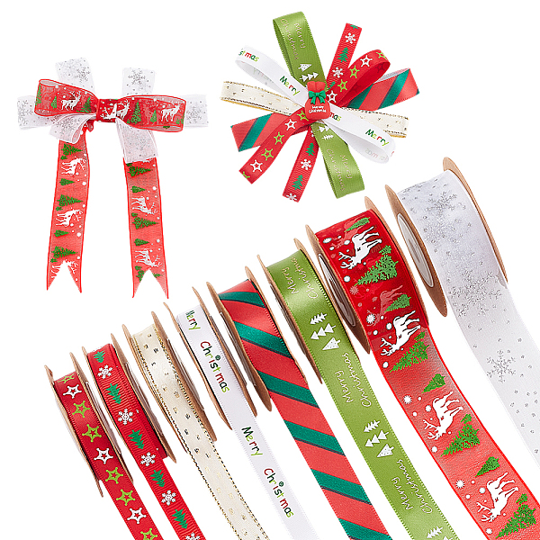8 Rolls 8 Styles Christmas Printed Polyester Satin Ribbon