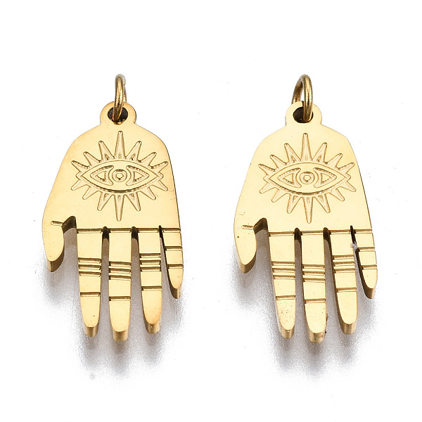 

PandaHall 304 Stainless Steel Pendants, with Jump Rings, Hamsa Hand/Hand of Fatima/Hand of Miriam with Eye, Real 14K Gold Plated, 15x7.5x1mm...