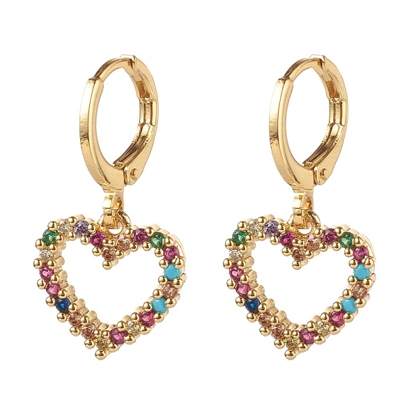 

PandaHall Brass Micro Pave Cubic Zirconia Huggie Hoop Earrings, Heart, Colorful, Golden, 25mm, Pin: 1mm Brass Heart