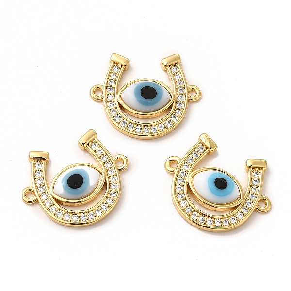 

PandaHall Rack Plating Real 18K Gold Plated Brass Micro Pave Clear Cubic Zirconia Connector Charms, Horseshoe Links, with Handmade Evil Eye..., White