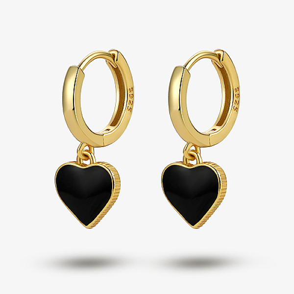 PandaHall 925 Sterling Silver Hoop Earring, Enamel Heart Dangle Earring for Women, Real 18K Gold Plated, Black, 20x8mm Sterling Silver Heart...