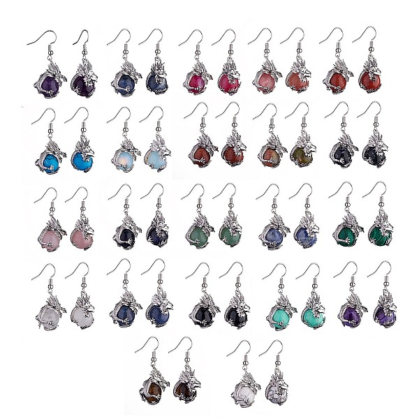 

PandaHall Gemstone Dragon Dangle Earrings, Platinum Brass Jewelry for Women, 42mm, Pin: 0.6mm Mixed Stone