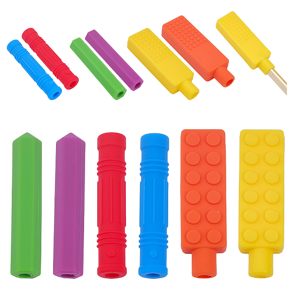 PandaHall CHGCRAFT 6Pcs 6 Style Silicone Pen Caps, Pencil Tip Cover, Hexagon & Column & Rectangle, Mixed Color, 64~65.5x12~20x13~14mm, Hole...