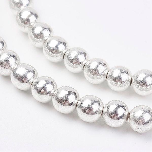 PandaHall Non-magnetic Synthetic Hematite Bead Strands, Round, Silver Plated, 6mm, Hole: 0.5mm, about 67~70pcs/strand, 15.5 inch...