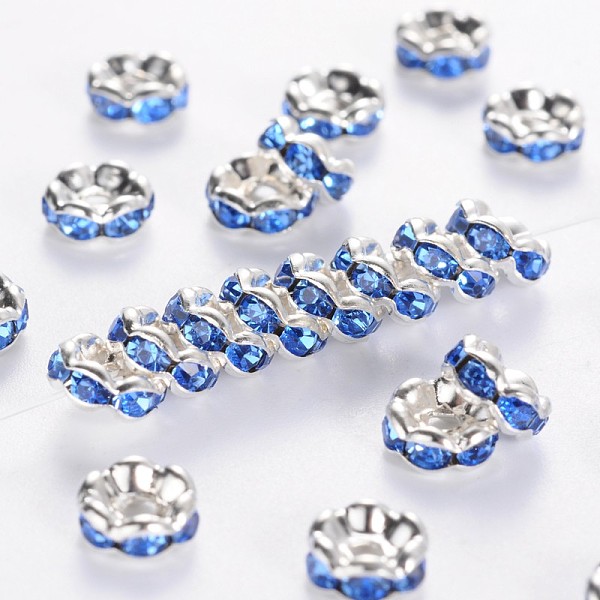 

PandaHall Brass Rhinestone Spacer Beads, Grade A, Rondelle, Silver Color Plated, Sky Blue, about 6mm in diameter, hole: about 1mm...