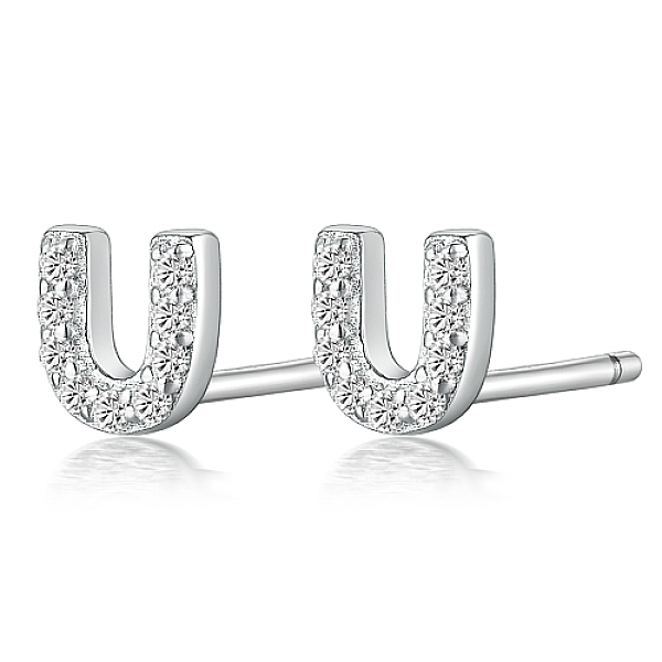 

PandaHall Rhodium Plated 925 Sterling Silver Initial Letter Stud Earrings, with Cubic Zirconia, Platinum, Letter U, 5x5mm Sterling Silver..., Clear