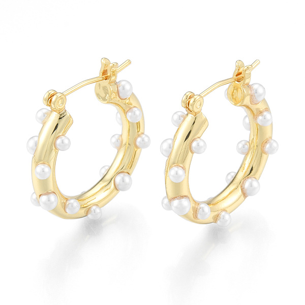 

PandaHall ABS Plastic Pearl Beaded Hoop Earrings for Women, Brass Jewelry for Women, Nickel Free, Golden, 26x24x6.5mm, Pin: 0.8mm Brass Ring