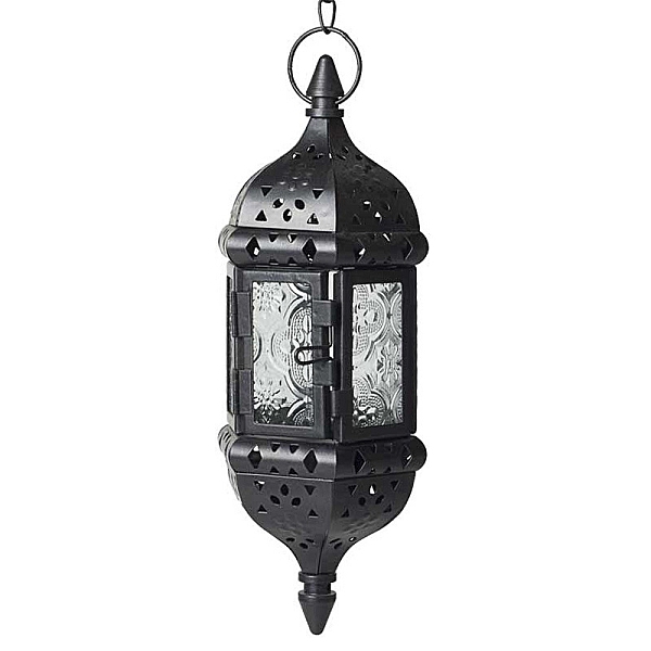 

PandaHall Lantern Shape Iron Hanging Candlestick with Glass Candleholde, Home Moroccan Candlestick, Black, 23x9cm Iron Lantern