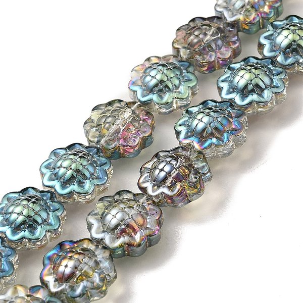 

PandaHall Transparent Electroplate Glass Beads Strands, Rainbow Plated, Sunflower, Pale Turquoise, 15x9mm, Hole: 1mm, about 44~45pcs/strand...