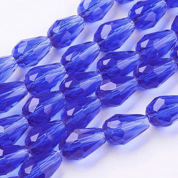 

PandaHall Glass Beads Strands, Faceted, teardrop, Blue, 11x8mm, Hole: 1mm, about 57~59pcs/strand, 26.38~26.77 inch Glass Teardrop Blue