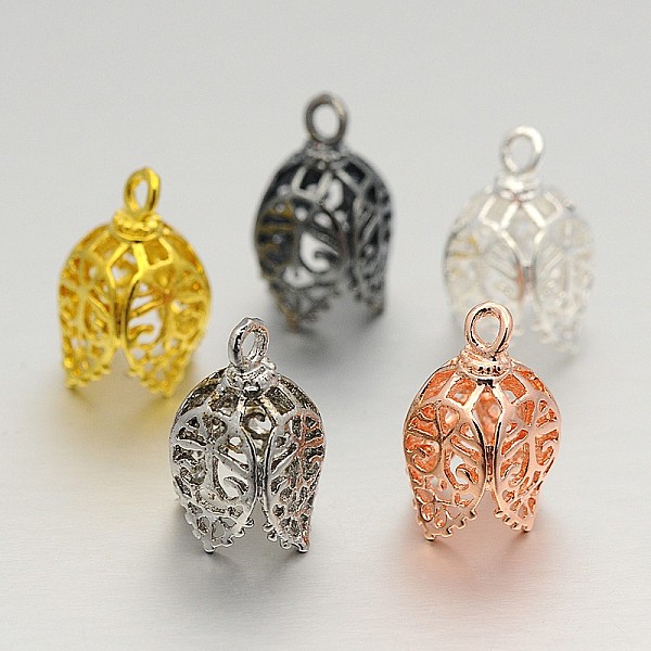 

PandaHall Brass Filigree Bead Cap Bails, Hollow Leaf, 4-Petal, Mixed Color, 19x12x12mm, Hole: 2mm Brass