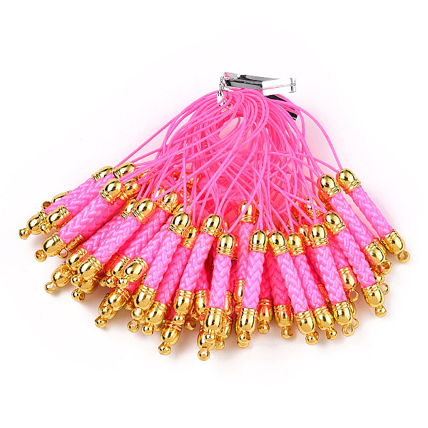 

PandaHall Korean Polyester Thread Pendants Decorations, with Golden Tone Brass Findings, Magenta, 73mm, Hole: 1.6mm Polyester Pink