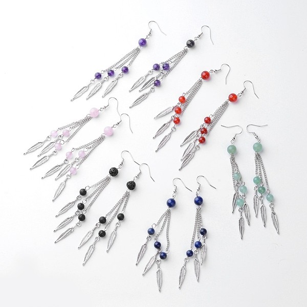 

PandaHall Natural Gemstone Dangle Earrings, Tassels Earrings, with Brass Earring Hooks, Feather, 110mm, Pin: 0.7mm Mixed Stone