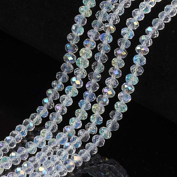 

PandaHall Electroplate Glass Beads Strands, Half Rainbow Plated, Faceted, Rondelle, Clear, 4x3mm, Hole: 0.4mm, about 113~115pcs/strand...