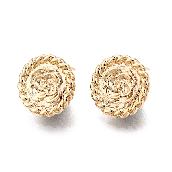 

PandaHall Flat Round with Flower Pattern Brass Stud Earring Findings, with Vertical Loops, Nickel Free, Real 18K Gold Plated, 18mm, Hole...