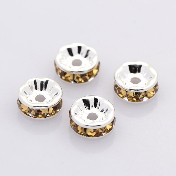 

PandaHall Brass Rhinestone Spacer Beads, Grade AAA, Straight Flange, Nickel Free, Silver Color Plated, Rondelle, Light Colorado Topaz..., Yellow