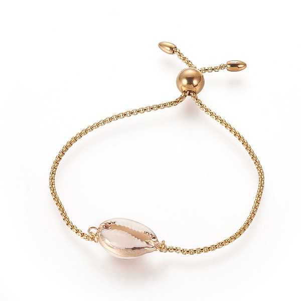 

PandaHall 304 Stainless Steel Bolo Bracelets, Slider Bracelets, with Enamel and Box Chains, Cowrie Shell Shape, White, Golden, Single Chain...