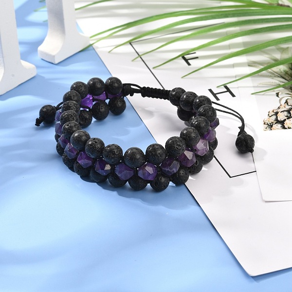 

PandaHall Men's 3-strand Braided Bead Bracelet, Natural Lava Rock & Amethyst Beads Bracelet, Inner Diameter: 2-1/8 inch(5.5~9.7cm) Amethyst