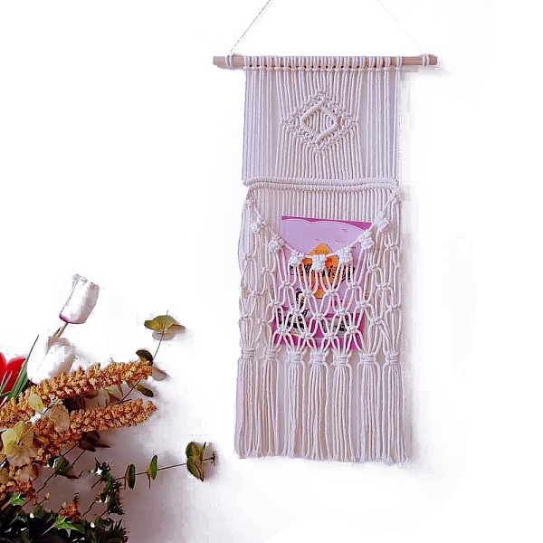 

PandaHall Bohemian Macrame Woven Cotton Magazine Holder, Wall Hanging Tassel Plants Storage Bag for Home Bedroom Decoration, Old Lace...
