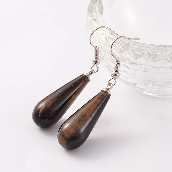 

PandaHall Teardrop Platinum Tone Brass Natural Tiger Eye Dangle Earrings, 47mm, Pin: 0.7mm Tiger Eye
