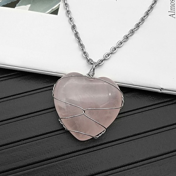 

PandaHall Natural Rose Quartz Pendant Necklaces, 19.69 inch(50cm) Rose Quartz Heart