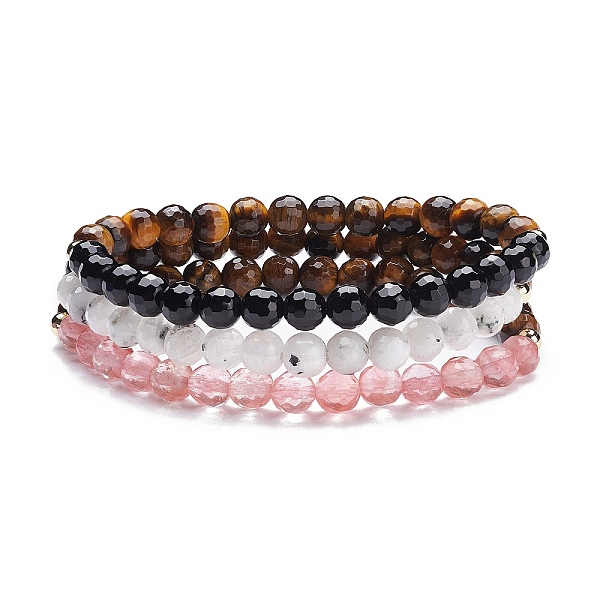 

PandaHall Natural Tiger Eye & Moonstone & Black Stone & Cherry Quartz Glass Round Beads Stretch Bracelets Set, for Girl Women, Inner...