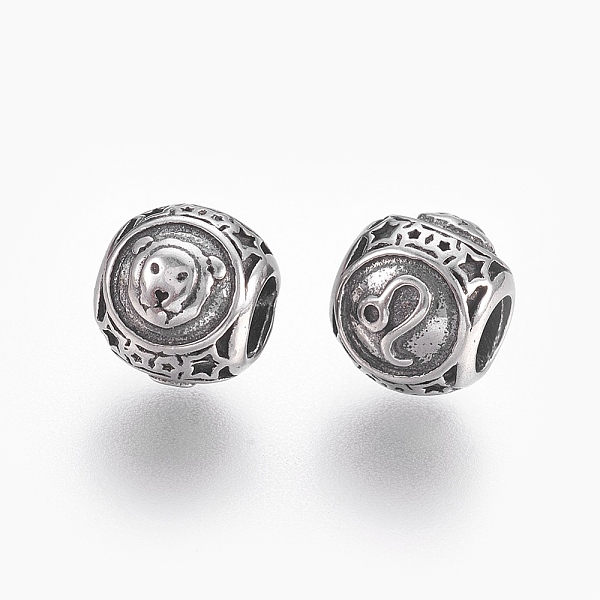 

PandaHall 316 Surgical Stainless Steel European Beads, Large Hole Beads, Rondelle with Constellations Leo, Antique Silver, 10x9mm, Hole: 4mm...