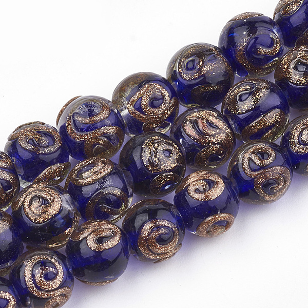 PandaHall Handmade Gold Sand Lampwork Beads, Round, Blue, 10~11x9~9.5mm, Hole: 1.5~2mm Lampwork Round Blue