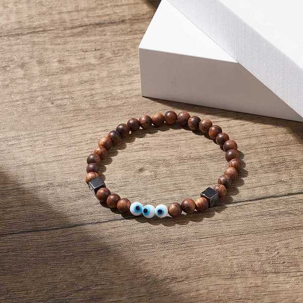 

PandaHall Natural Wood & Synthetic Hematite Stretch Bracelet with Lampwork Evil Eye, Yoga Jewelry for Women, Coconut Brown, Inner Diameter...