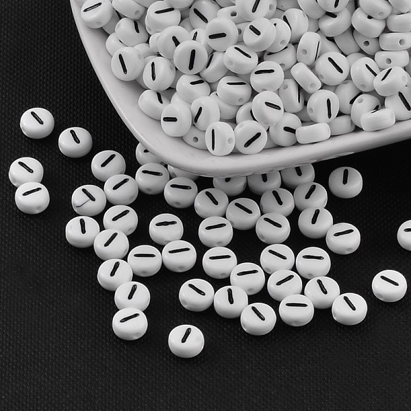 PandaHall Flat Round with Letter I Acrylic Beads, with Horizontal Hole, White & Black, Size: about 7mm in diameter, 4mm thick, hole: 1mm...