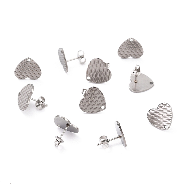 

PandaHall 304 Stainless Steel Stud Earring Findings, with Ear Nuts, Textured Heart, Stainless Steel Color, 12x13mm, Hole: 1.5mm, Pin: 0.7mm...