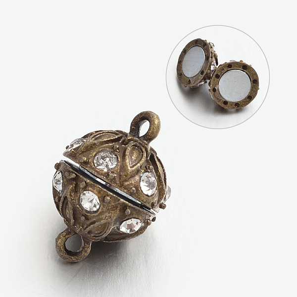 

PandaHall Alloy Rhinestone Magnetic Clasps with Loops, Round, Lead Free & Cadmium Free, Antique Bronze, 19x12.5mm, Hole: 2mm..., Clear