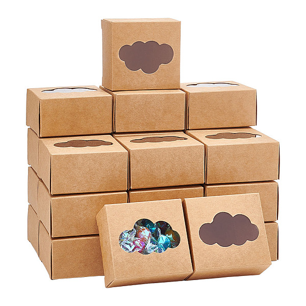 PandaHall Kraft Paper Gift Box, Folding Box with Window, Rectangle, Tan, Cloud Pattern, 7.6x7.2x4cm Paper Cloud Orange