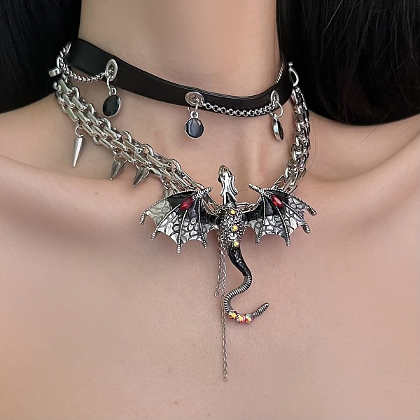 Alloy Resin Rhinestone Dragon Pendant Black PU Leather Double Layer Choker Necklaces for Women