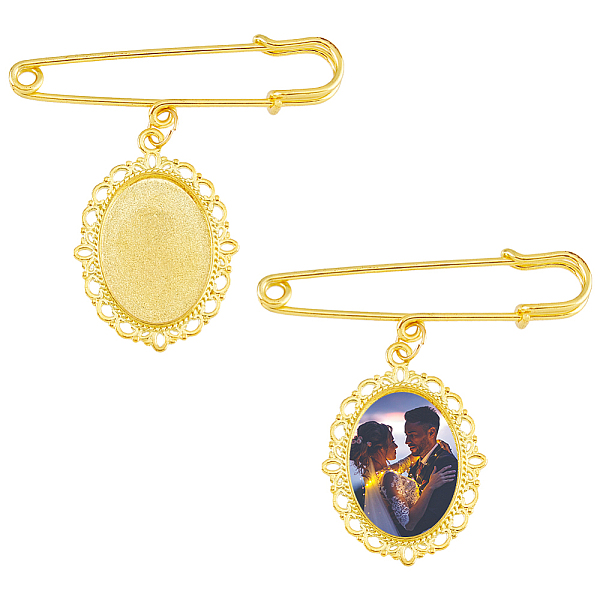

PandaHall 2Pcs Oval Blank Glass Dome Wedding Bouquet Photo Charms Safety Pin Brooches, Alloy Lapel Pins for Party Decoration, Golden, 53mm...