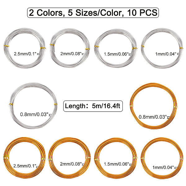 

PandaHall AHANDMAKER 10 Rolls 2 Colors 5 Sizes Round Aluminum Craft Wire, for DIY Arts and Craft Projects, Mixed Color, 20/18/15/12/10 Gauge..., Multicolor