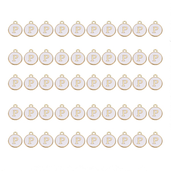 

PandaHall Golden Plated Alloy Charms, with Enamel, Enamelled Sequins, Flat Round, White, Letter.P, 14x12x2mm, Hole: 1.5mm, 50pcs/Box...