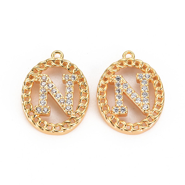 

PandaHall Brass Micro Pave Clear Cubic Zirconia Pendants, Nickel Free, Real 18K Gold Plated, Oval with Word, Letter.N, 17x13x3mm, Hole: 1mm...