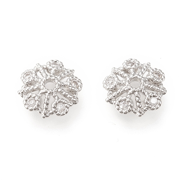 PandaHall 5-Petal Brass Fancy Bead Caps, with Clear Cubic Zirconia, Long-Lasting Plated, Flower, Platinum, 9x3mm, Hole: 1.4mm Brass+Cubic