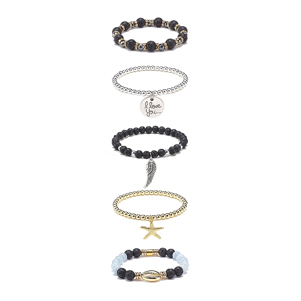 

PandaHall 5Pcs 5 Style Natural Lava Rock & Natural Quartz & Synthetic Hematite Stretch Bracelets Set, Starfish & Wing & Word I Love You...